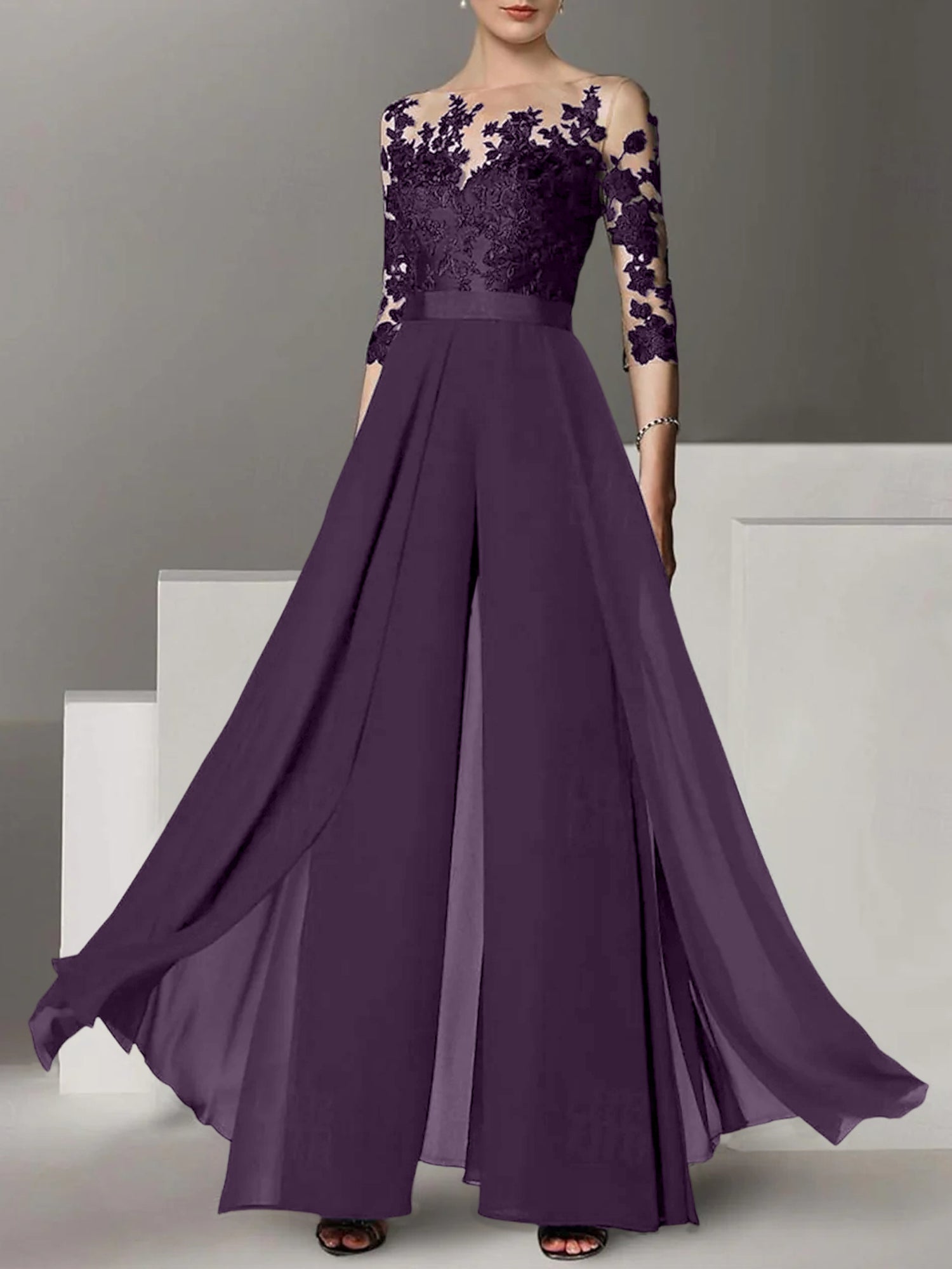 Jewel Neck A Line Long Mother of the Bride Pantsuit with Applique and 3/4 Sleeves