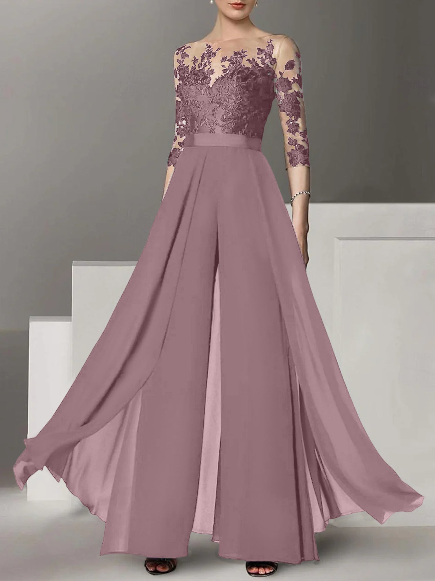 Jewel Neck A Line Long Mother of the Bride Pantsuit with Applique and 3/4 Sleeves