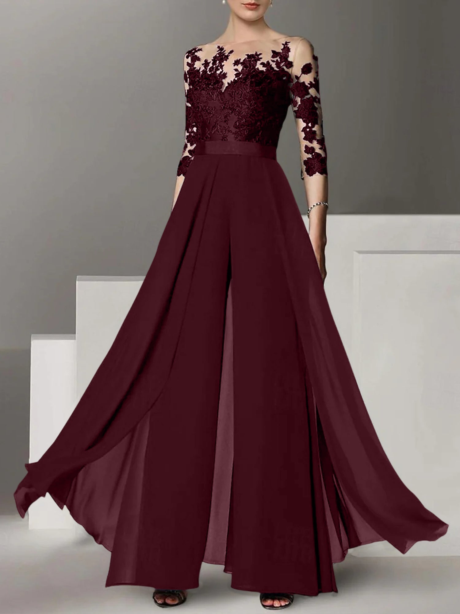 Jewel Neck A Line Long Mother of the Bride Pantsuit with Applique and 3/4 Sleeves