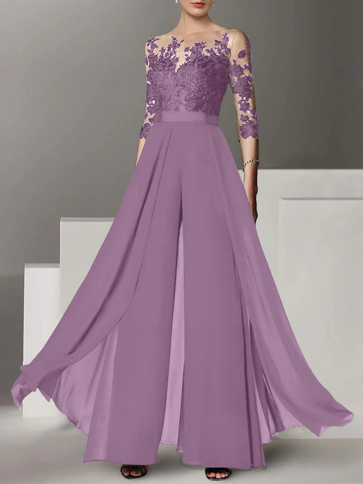 Jewel Neck A Line Long Mother of the Bride Pantsuit with Applique and 3/4 Sleeves