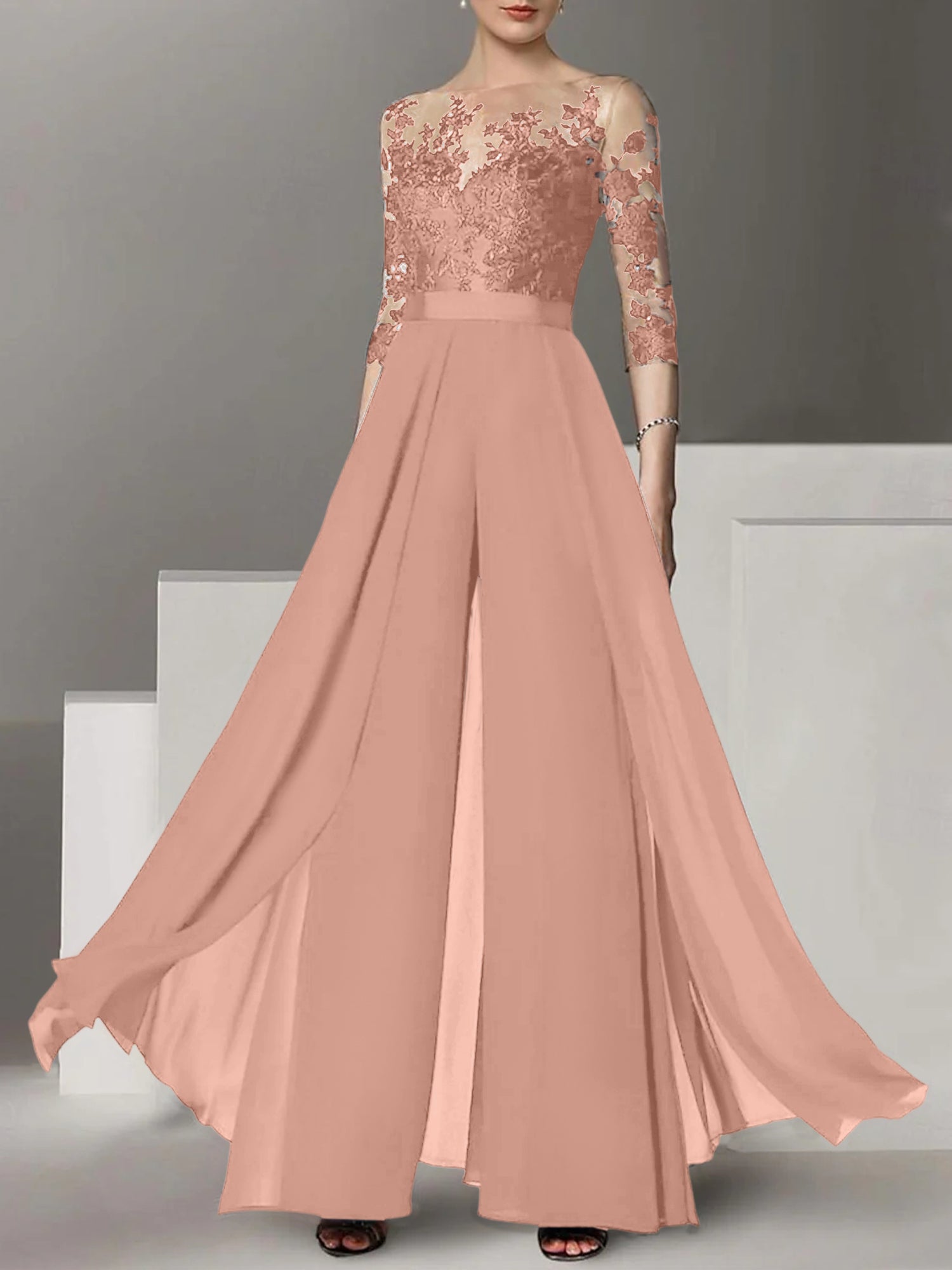 Jewel Neck A Line Long Mother of the Bride Pantsuit with Applique and 3/4 Sleeves