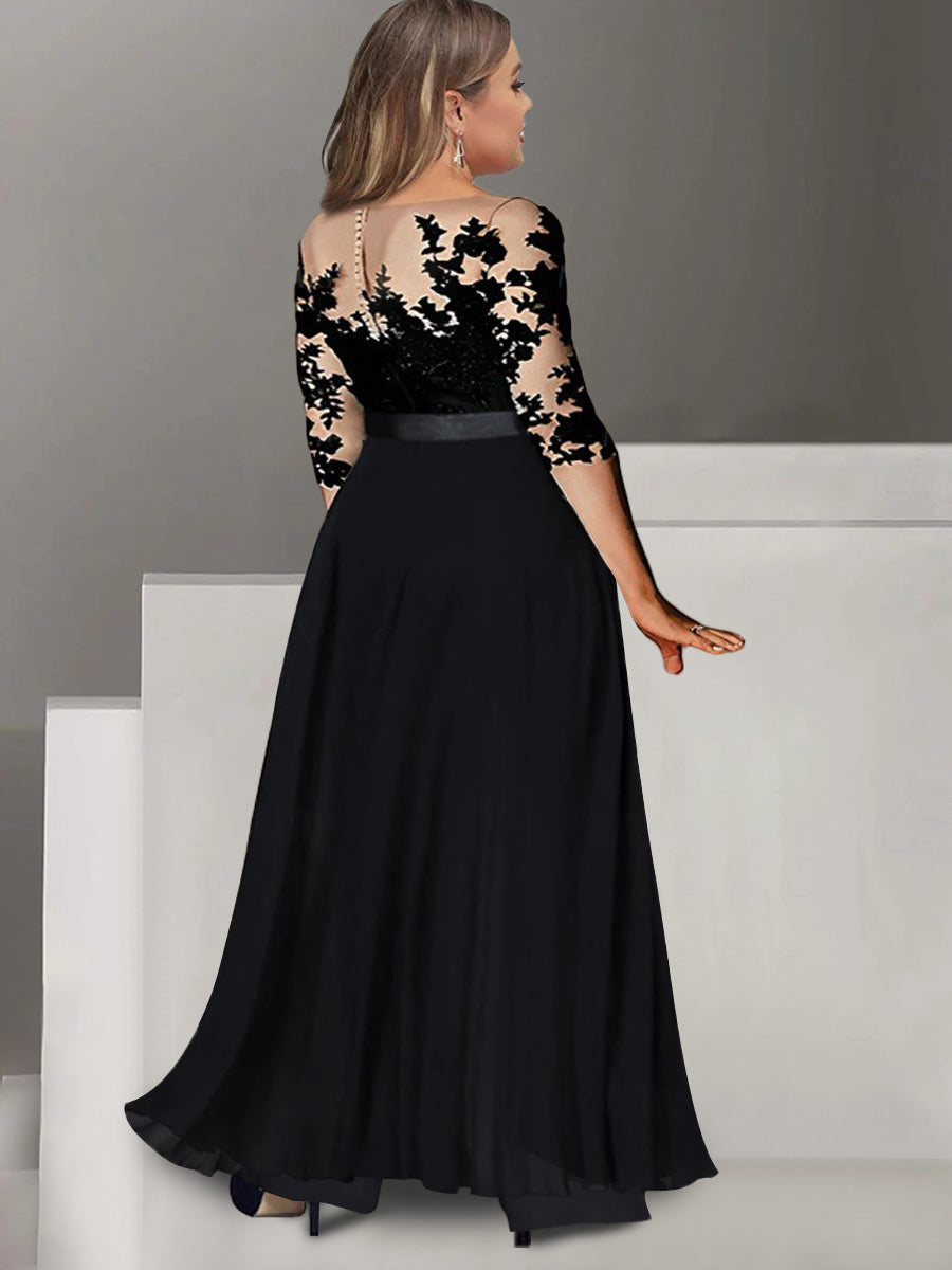 Jewel Neck A Line Long Mother of the Bride Pantsuit with Applique and 3/4 Sleeves