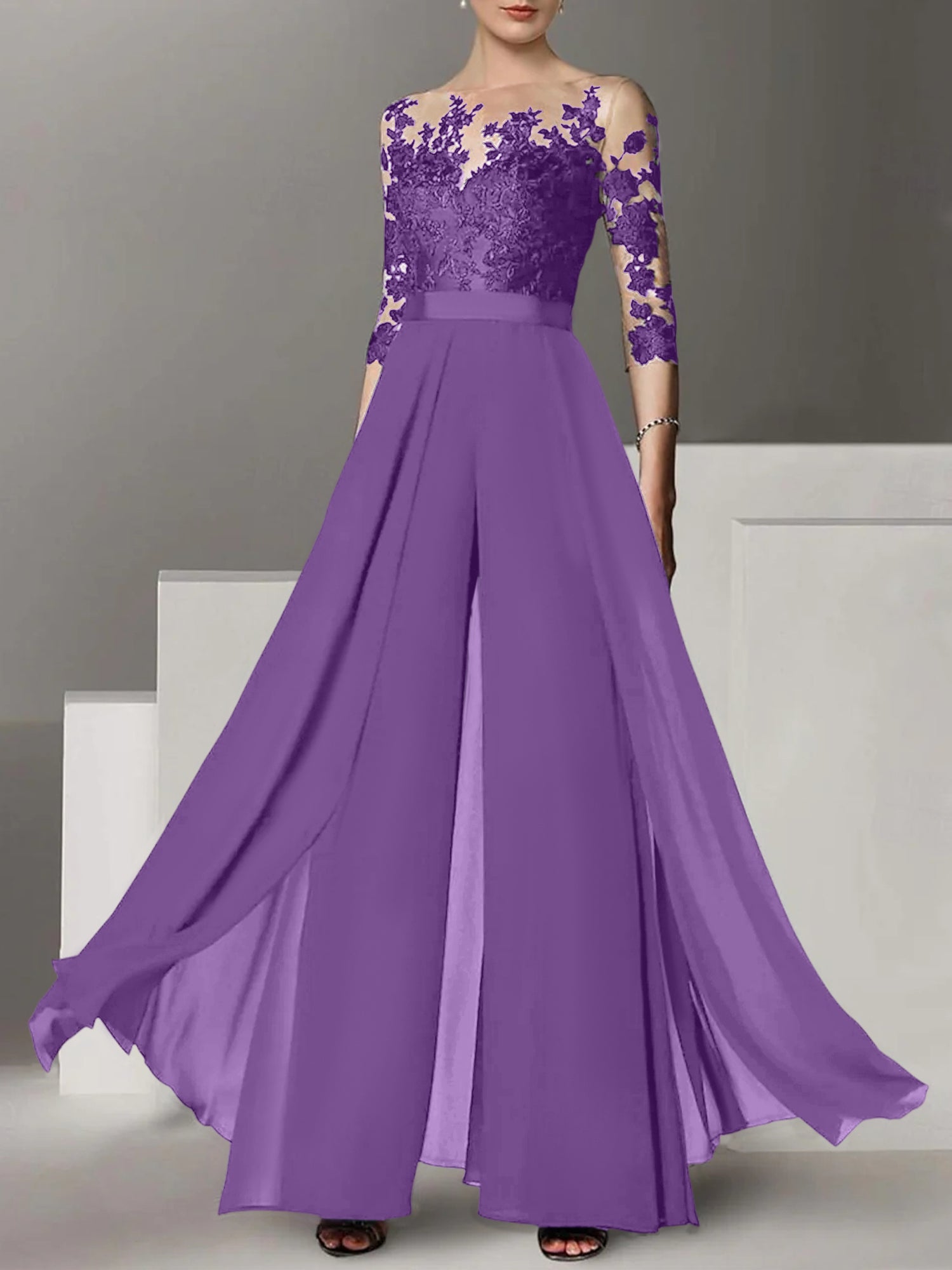 Jewel Neck A Line Long Mother of the Bride Pantsuit with Applique and 3/4 Sleeves