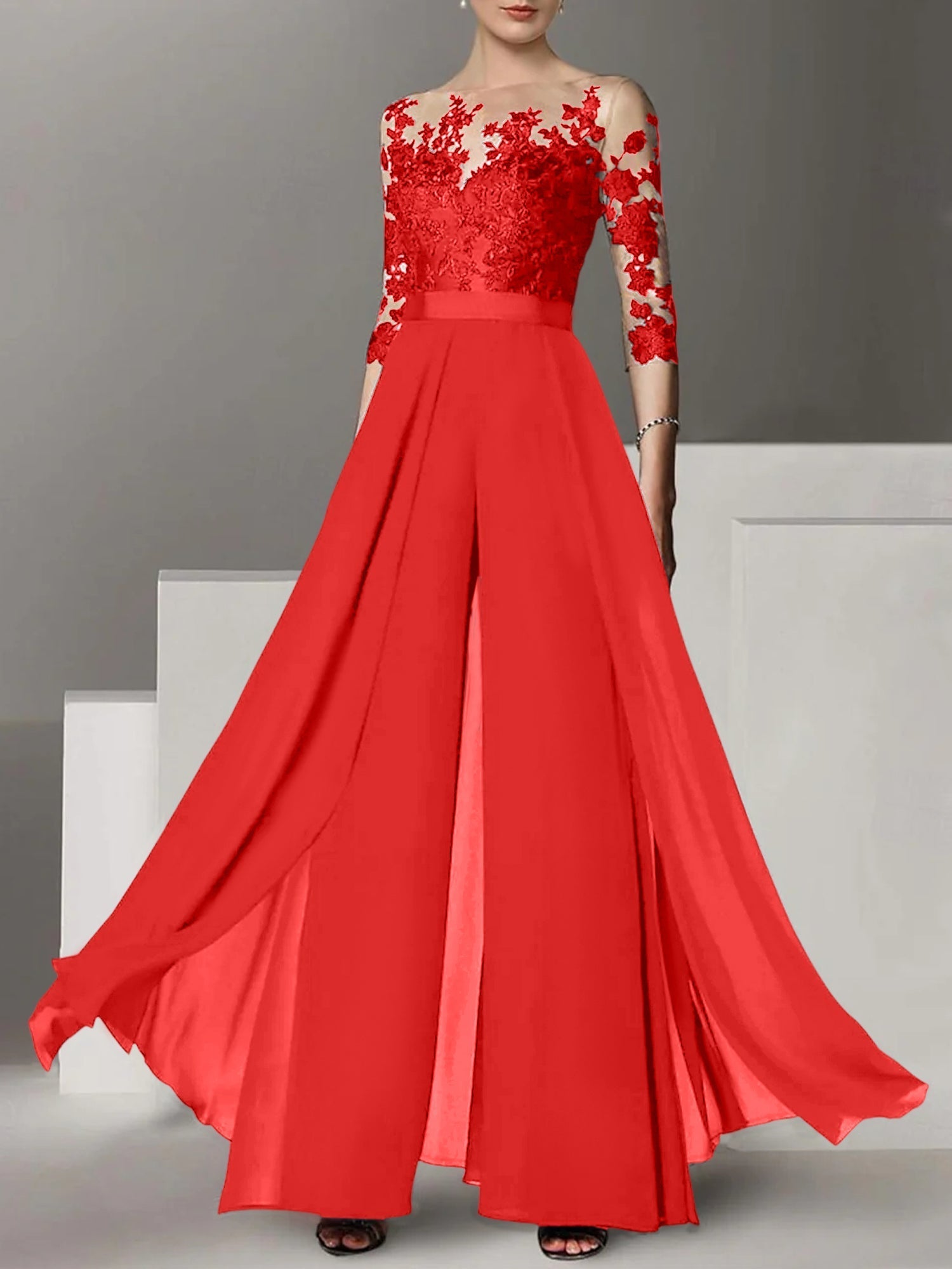 Jewel Neck A Line Long Mother of the Bride Pantsuit with Applique and 3/4 Sleeves