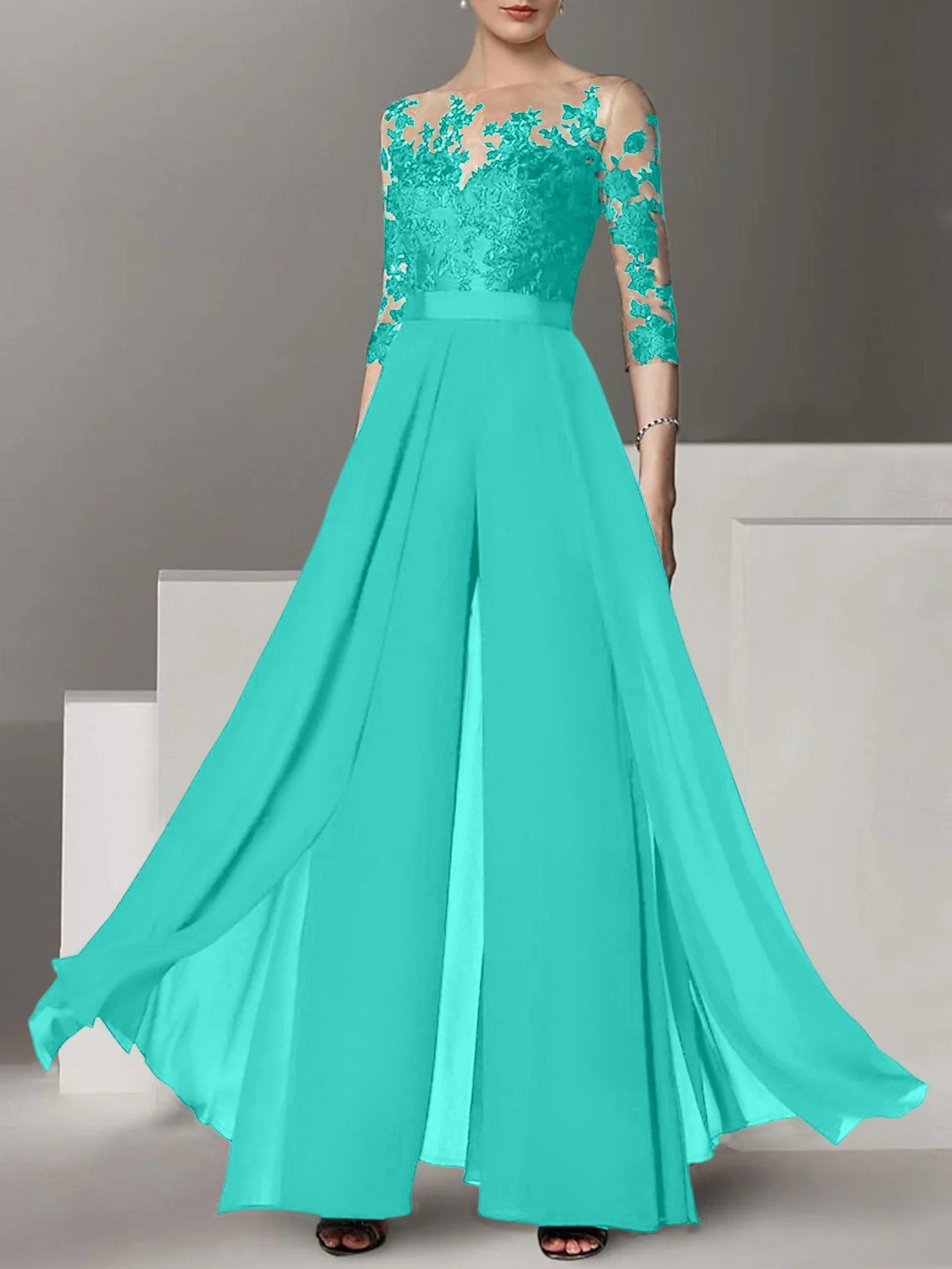Jewel Neck A Line Long Mother of the Bride Pantsuit with Applique and 3/4 Sleeves