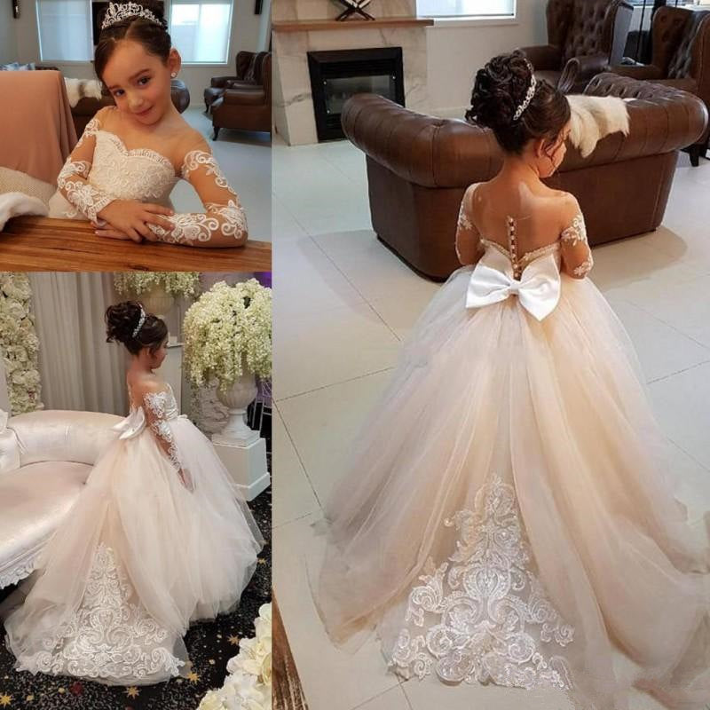 Princess Lace Tulle Flower Girl Dress With Sleeves On Sale – suzhoufashion