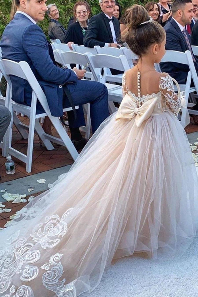 knee length dresses for ladies Tulle Flower Girl Dress with Lace and Satin Bow Back main image 1