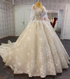 Princess Long Sheer Sleeves Tulle Lace Ivory Ruffles Ball Gown Wedding Dresses