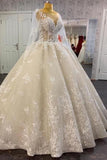 Princess Long Sheer Sleeves Tulle Lace Ivory Ruffles Ball Gown Wedding Dresses
