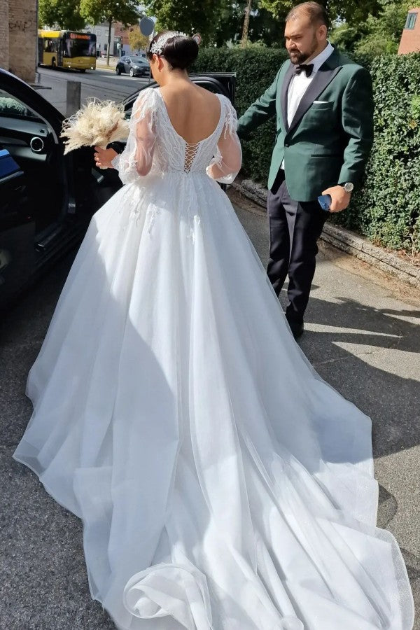 Princess Long V-Neck Long Lace Bridal Dress With Long Sleevess