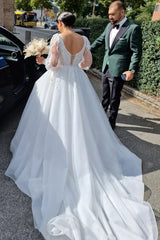 Princess Long V-Neck Long Lace Bridal Dress With Long Sleevess