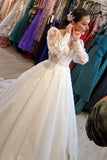 Princess Long V-Neck Long Lace Bridal Dress With Long Sleevess