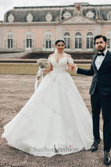 Princess Long White Wedding Dress Off The Shoulder A Line V Neck Organza Satin Bridal Gown