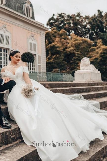 Princess Long White Wedding Dress Off The Shoulder A Line V Neck Organza Satin Bridal Gown