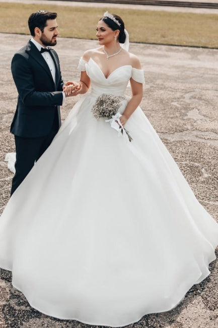 Princess Long White Wedding Dress Off The Shoulder A Line V Neck Organza Satin Bridal Gown