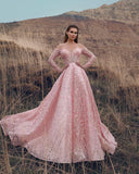 Princess Off-The-Shoulder A-Line Prom Gown | Pink Long-Sleeves Lace Applique Prom Dresses