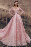 Princess Off-The-Shoulder A-Line Prom Gown | Pink Long-Sleeves Lace Applique Prom Dresses