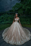 Princess Off The Shoulder Champagne Lace Sequins Ball Gown Wedding Dresses