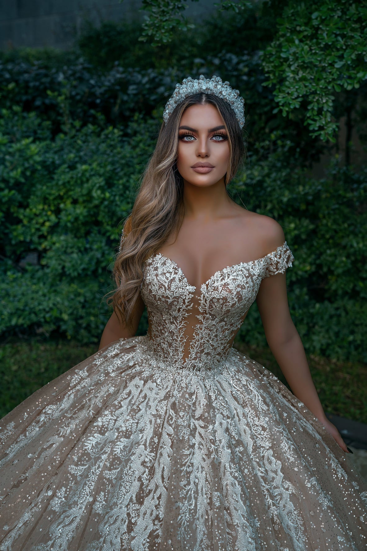 Princess Off The Shoulder Champagne Lace Sequins Ball Gown Wedding Dresses