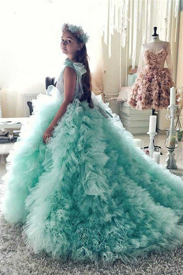 Princess Tiered Ruffles Tulle Girls Pageant Dresses | Bowknot Green Ball Gown Flower Girls Dresses Princess Tiered Ruffles Tulle Girls Pageant Dresses | Bowknot Green Ball Gown Flower Girls Dresses