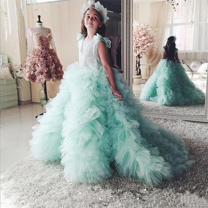 Princess Tiered Ruffles Tulle Girls Pageant Dresses | Bowknot Green Ball Gown Flower Girls Dresses