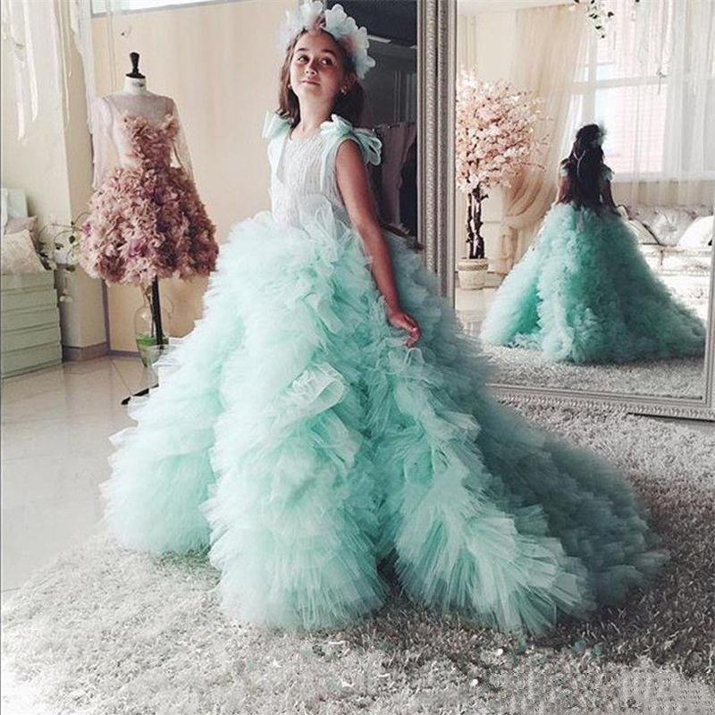 Princess Tiered Ruffles Tulle Girls Pageant Dresses | Bowknot Green Ball Gown Flower Girls Dresses Princess Tiered Ruffles Tulle Girls Pageant Dresses | Bowknot Green Ball Gown Flower Girls Dresses