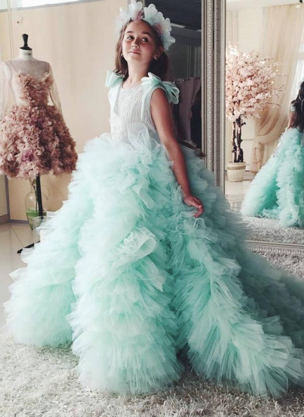 Princess Tiered Ruffles Tulle Girls Pageant Dresses | Bowknot Green Ball Gown Flower Girls Dresses