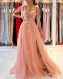 Princess Tulle Coral Pink Split Appliques Lace A-Line Prom Dresses