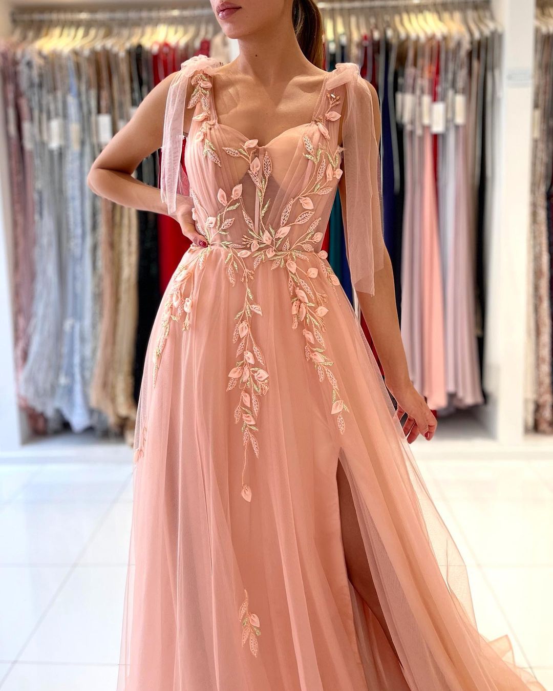 Princess Tulle Coral Pink Split Appliques Lace A-Line Prom Dresses | Suzhoufashion Princess Tulle Coral Pink Split Appliques Lace A-Line Prom Dresses | Suzhoufashion