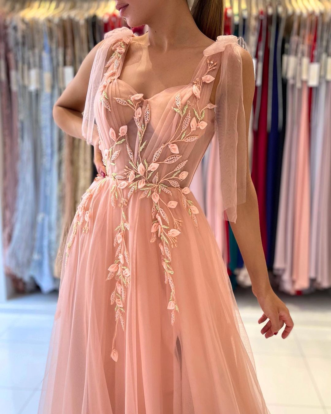 Princess Tulle Coral Pink Split Appliques Lace A-Line Prom Dresses | Suzhoufashion Princess Tulle Coral Pink Split Appliques Lace A-Line Prom Dresses | Suzhoufashion
