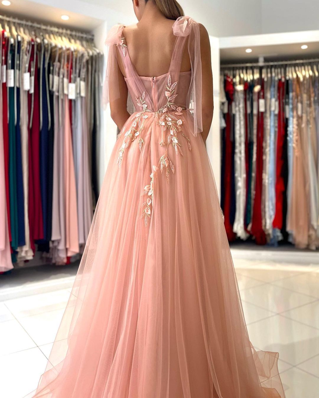Princess Tulle Coral Pink Split Appliques Lace A-Line Prom Dresses