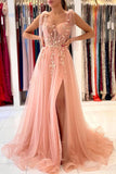 Princess Tulle Coral Pink Split Appliques Lace A-Line Prom Dresses