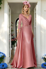 V Neck A Line Long Mother of the Bride Dress with 3/4 Sleeves Pleats & Ruching