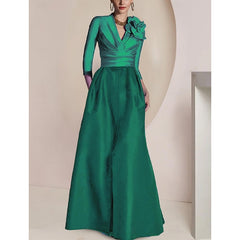 V Neck Long Mother of the Bride Dress with 3/4 Sleeves Ruched Detailing Draping and a Split Front