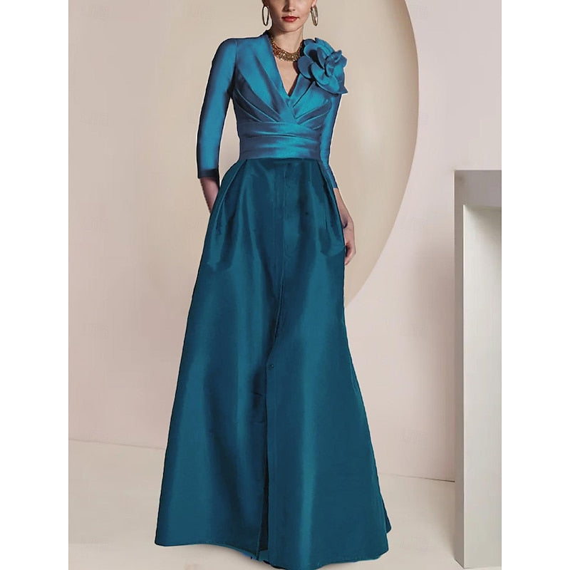 V Neck Long Mother of the Bride Dress with 3/4 Sleeves Ruched Detailing Draping and a Split Front