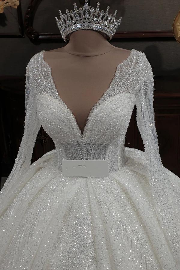 Princess V-neck Glitter A-line Wedding Dresses With Sleeves