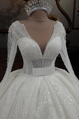 Princess V-neck Glitter A-line Wedding Dresses With Sleeves
