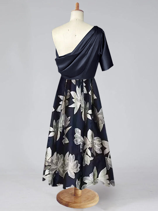 Printed Floral One-Shoulder A-Line Mother of the Bride Gown