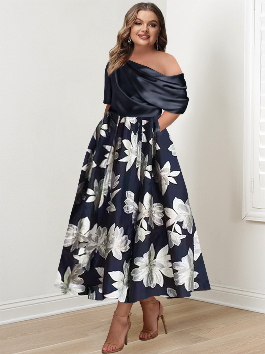 Printed Floral One-Shoulder A-Line Mother of the Bride Gown