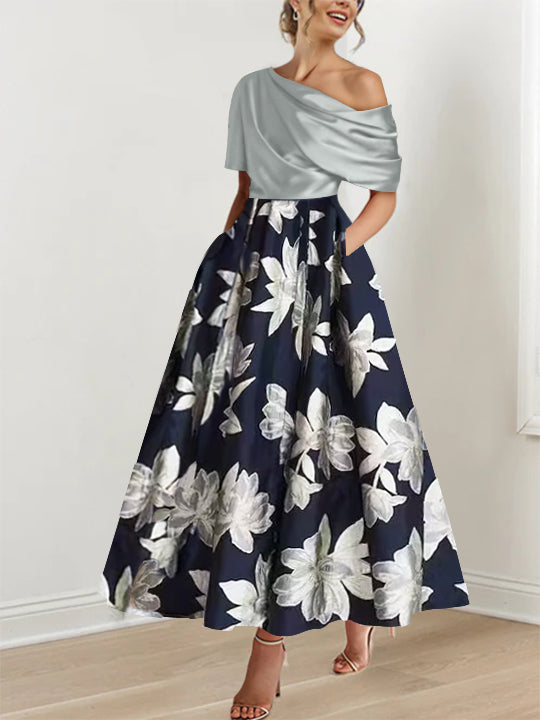 Printed Floral One-Shoulder A-Line Mother of the Bride Gown