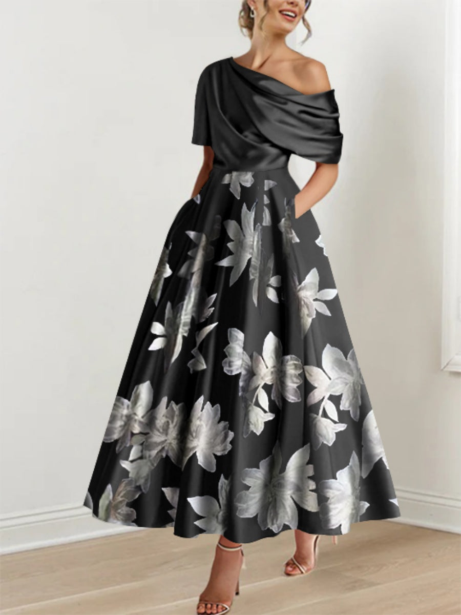Printed Floral One-Shoulder A-Line Mother of the Bride Gown