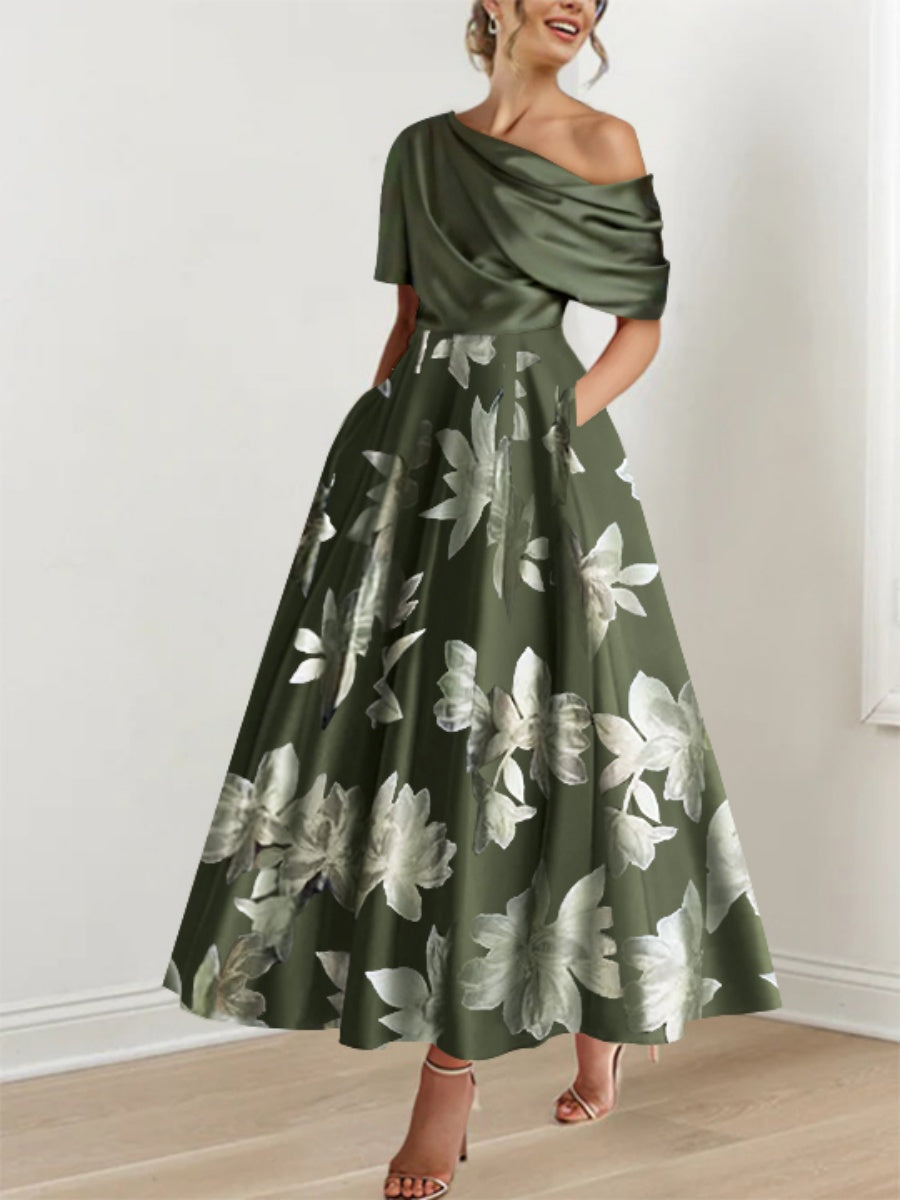 Printed Floral One-Shoulder A-Line Mother of the Bride Gown