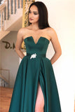 Prom Dress A-line Elegant Floor-length Front-slit V-neck with Sash