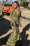 Prom Dresses with Long Sleeves | Green Mermaid V-Neck Evening Dresses SK0123