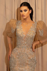 Puff Sleeves Prom Dress Lace Appliques Beaded Evening Formal Dress