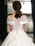 Puffy Lace-Applique Wedding Dresses | Scoop Cap-Sleeves Exquisite Gowns