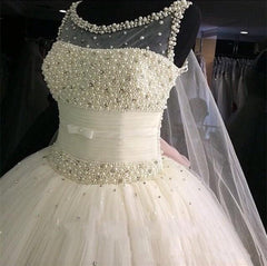 Puffy Tulle Wedding Ball Gowns Beading Pearls Bridal Gown