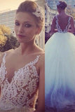 Pure White Princess Ball Gown Wedding Dress Sheer Nude Tulle Bridal Gwons with Pearls TB0310