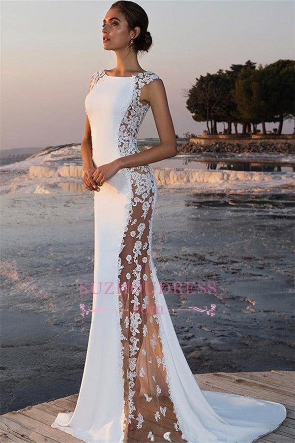 Pure White Sleeveless Square Mermaid Prom Dresses | Lace Appliques Sweep Train Evening Gown