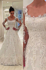 Pure White Square Long Sleeves A-Line Bridal Gown | Lace Appliques Sweep Train Long Wedding Dresses
